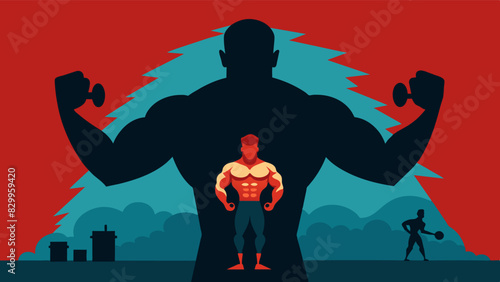 A menacing shadow looming over a bodybuilder representative of the dangerous and addictive nature of steroid abuse lurking in the background even as success is achieved in the. Vector illustration