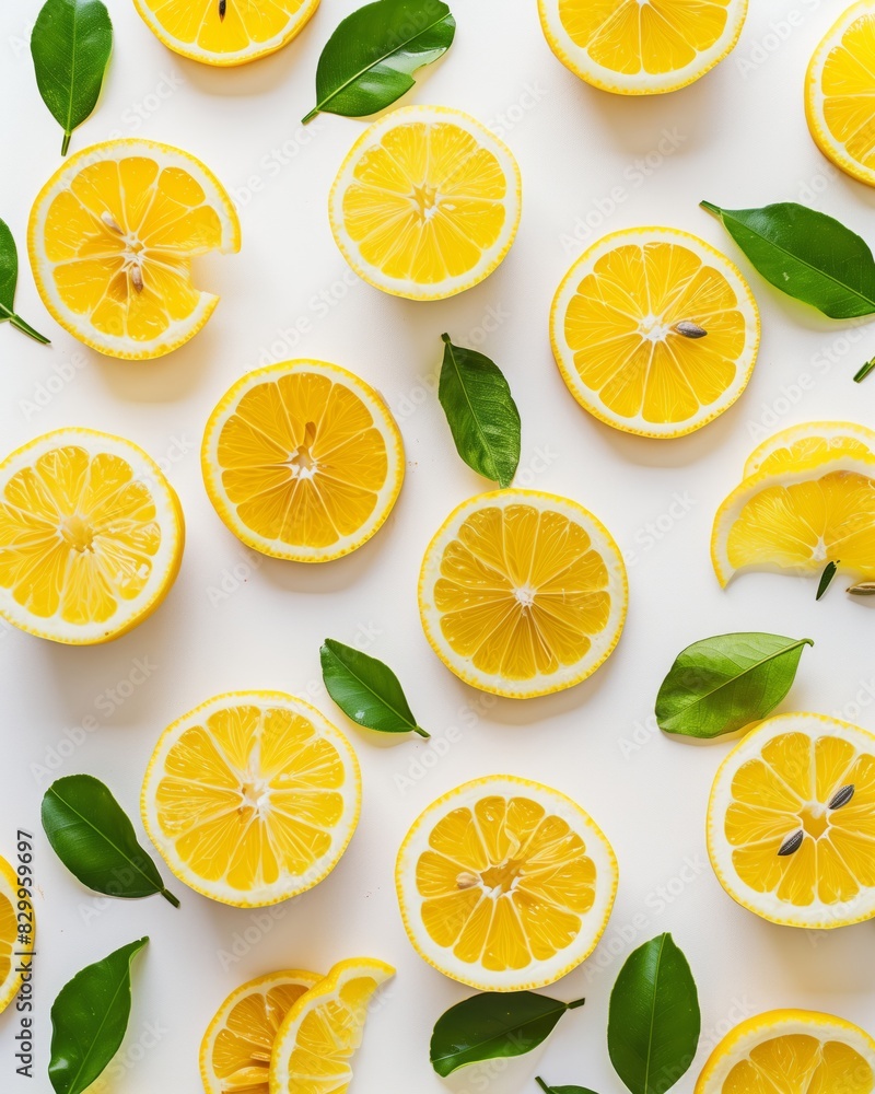 Fresh Lemon Slices and Green Leaves on White Background - Vibrant and Refreshing Fresh Lemon Slices and Green Leaves on White Background - Vibrant and Refreshing