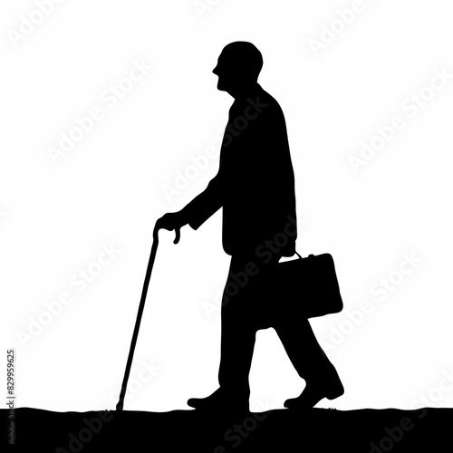 Wanderer's Journey: Minimalist Black and White Silhouette of a Solitary Figure Walking with a Cane and Bag