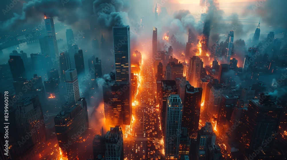 An aerial view of a significant urban fire in the heart of a bustling downtown city. The image captures towering skyscrapers enveloped by dense plumes of smoke and visible flames An aerial view of a significant urban fire in the heart of a bustling downtown city. The image captures towering skyscrapers enveloped by dense plumes of smoke and visible flames