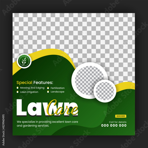 Organic food and agriculture service for social media cover or post design template, modern lawn mower garden, or landscaping service with green gradient background and abstract yellow color shape