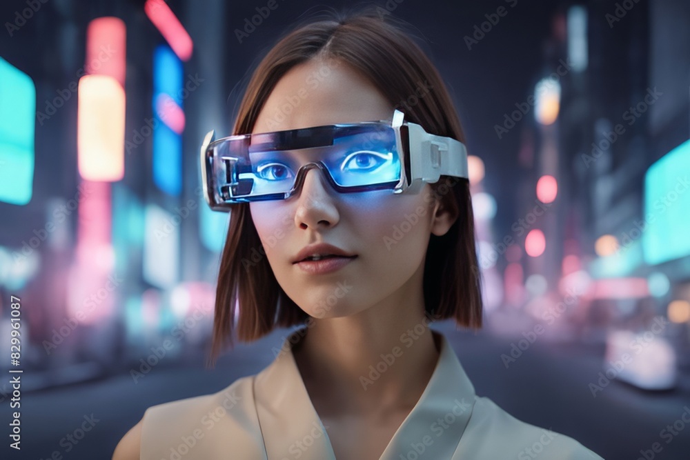 Vivid portrait featuring a woman in neon glasses, symbolizing tech and the future. Vivid portrait featuring a woman in neon glasses, symbolizing tech and the future.