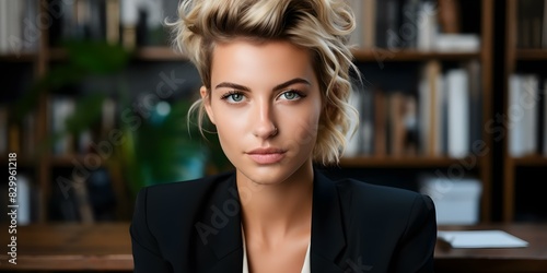 A young professional woman with an undercut hairstyle wearing a black suit confidently poses for a photo in her office. Concept Professional Photoshoot, Office Setting, Business Attire photo