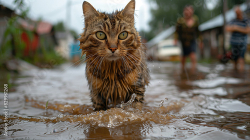 A cat walks down a flooded street  during a flood. There are people in the background