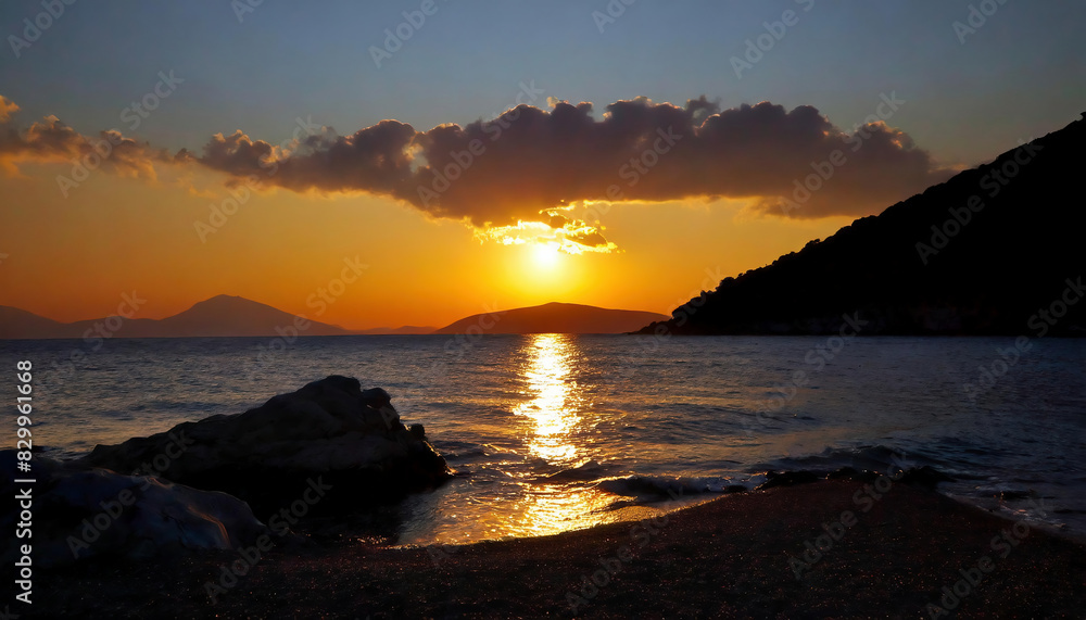 The stunning coastline and the silhouette of the island across the Aegean Sea at sunset