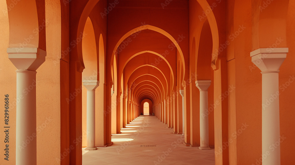 A corridor filled with stunning arches in an orange building. Suitable for travel blogs, architecture magazines