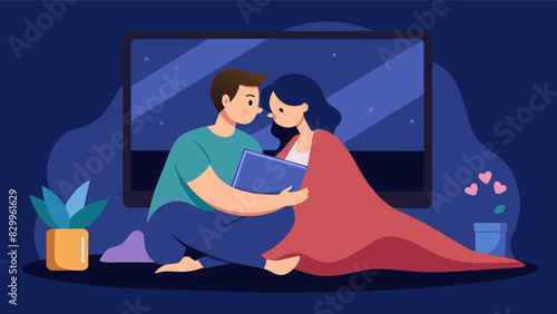Couples cuddle on blankets their attention fully captured by the romantic comedy playing on the screen.. Vector illustration