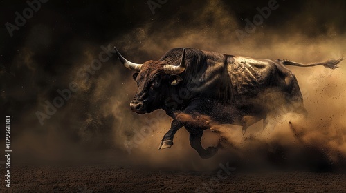 Charging bull in motion surrounded by dust. Dynamic studio action shot. Strength and power concept. Design for poster  wallpaper  banner.