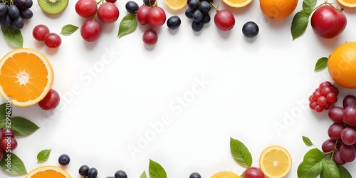 Assorted fresh fruits including oranges  pineapple  grapes  and basil leaves arranged on a white background