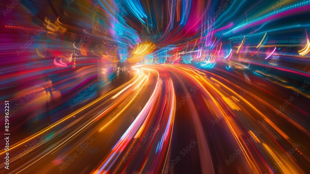 imagine an experimental shot of light trails from city traffic at night, with long exposure creating abstract patterns and vibrant colors 