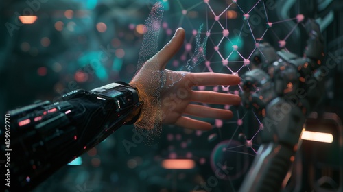 A compelling depiction of a hand reaching out to interface with a futuristic chatbot, illustrating the potential of artificial intelligence to transcend borders and revolutionize the way 