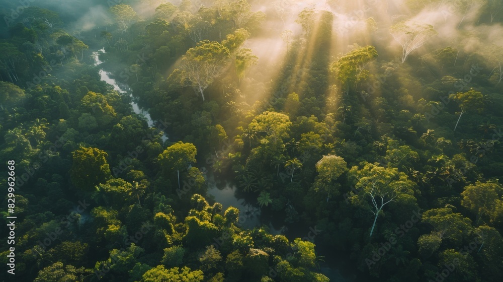 imagine a drone shot of the dense canopy of an Australian rainforest, with sunlight breaking through the trees and a river winding below --ar 16:9 --style 