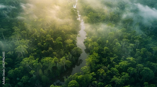 imagine a drone shot of the dense canopy of an Australian rainforest  with sunlight breaking through the trees and a river winding below --ar 16 9 --style raw J