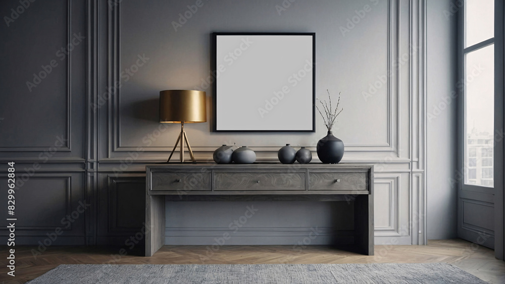 Fototapeta premium Grey gallery room interior with drawer and decoration, mockup frame, photo frame