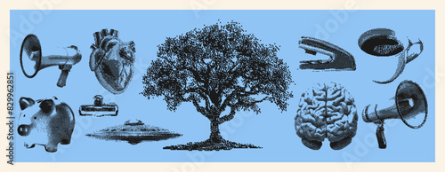 Tree, brain, megaphone, piggy bank, cup, heart, alien ship. Contemporary halftone elements with a photocopy effect in a retro surreal style. Punk dotted stipple effect for t-shirt design