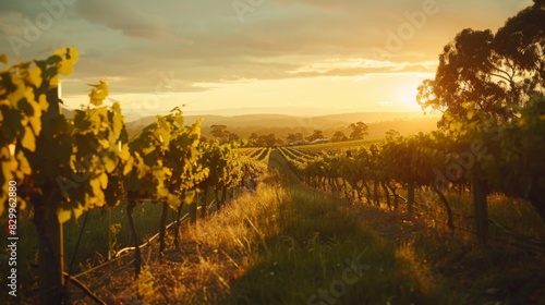 imagine a golden hour shot of a vineyard in the Australian countryside, with rows of grapevines bathed in warm, golden light --ar 16:9 --style raw Job ID: 64fabdf7-1196-48f1-940c-45d604be3b62