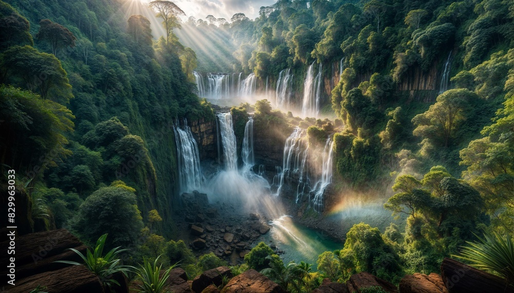 Stunning Waterfall in Lush Tropical Forest with Sunlight Shining Through Stunning Waterfall in Lush Tropical Forest with Sunlight Shining Through