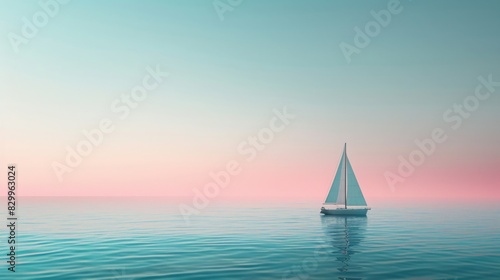 imagine a minimalist seascape with a single sailboat on a calm, turquoise ocean, and a clear sky with a gentle gradient from blue to pink --ar 16:9 --style raw 
