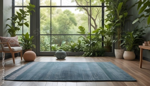 A Yoga rug, surrounded by lush greenery and trees visible through a window There are several decorative pillows or cushions