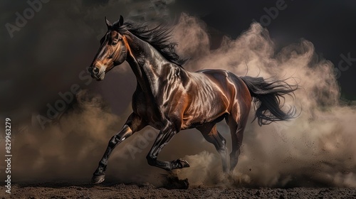 Galloping horse kicking up dust in motion. Dynamic studio action shot. Strength and speed concept. Design for poster  wallpaper  banner.