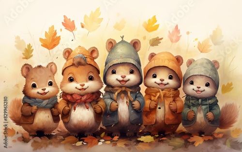Wallpaper Mural Adorable illustration of five cute animals in autumn attire, surrounded by colorful fall leaves, perfect for seasonal designs. Torontodigital.ca