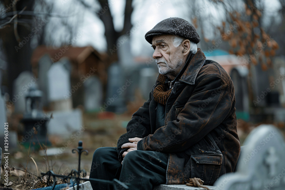 sad senior man sitting in a cemetery sad senior man sitting in a cemetery