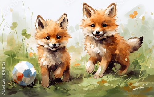 Charming watercolor of two playful fox cubs in a grassy field with a colorful ball, radiating joy and innocence.