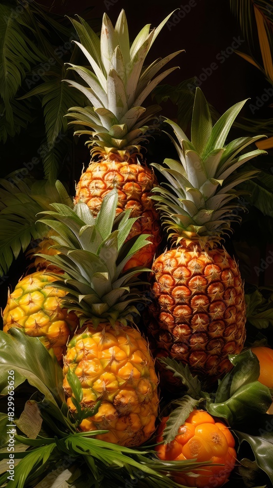 Fresh pineapples with lush green leaves arranged artfully, showcasing their tropical beauty and ripe, juicy appeal against a dark background. Fresh pineapples with lush green leaves arranged artfully, showcasing their tropical beauty and ripe, juicy appeal against a dark background.