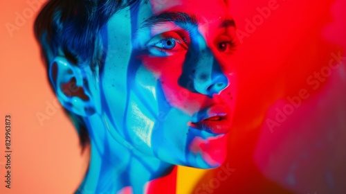 imagine an experimental portrait of a person with dramatic, colorful lighting and shadows creating an artistic and avant-garde effect --ar 16:9 --style raw Job ID: 2e694a1f-4bb7-4a97-9355-9ccb2813fb6c