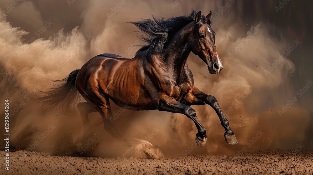 Galloping horse kicking up dust in motion. Dynamic studio action shot. Strength and speed concept. Design for poster, wallpaper, banner. Galloping horse kicking up dust in motion. Dynamic studio action shot. Strength and speed concept. Design for poster, wallpaper, banner.