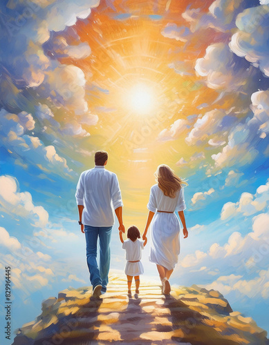 Christian family walking towards heaven