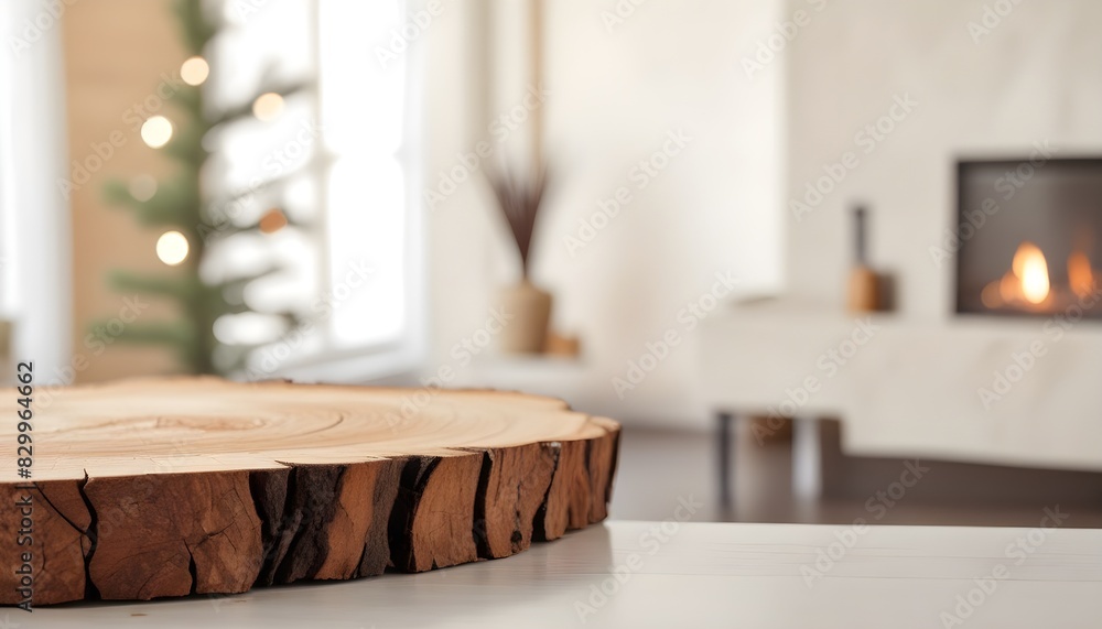 A wooden log slice on a table with a cozy fireplace background