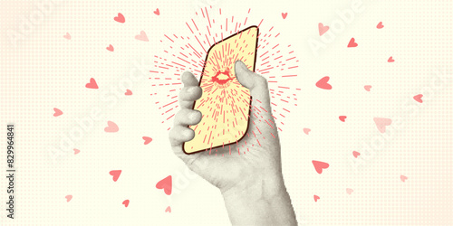 Collage with halftone-style hands hold smartphone. Minimalist metaphor concept dating. Idea for love banner composition with pink hearts. Cutouts magazine. Vector illustration
