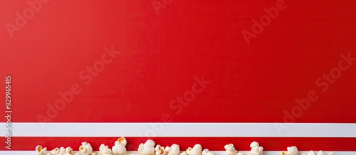 A flat lay composition featuring a border of popcorn and a copy space image set against a background of red and white stripes