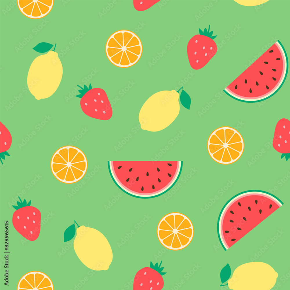 Seamless vector pattern of lemons with leaves and watermelon slices, bright strawberries and orange slices. Summer background, for fabrics, wrapping paper, coatings. Seamless vector pattern of lemons with leaves and watermelon slices, bright strawberries and orange slices. Summer background, for fabrics, wrapping paper, coatings.