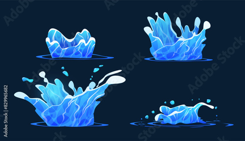 Blue water splash vector set, splashing fluids with droplets isolated, falling aqua drops, plash on the liquid puddle photo