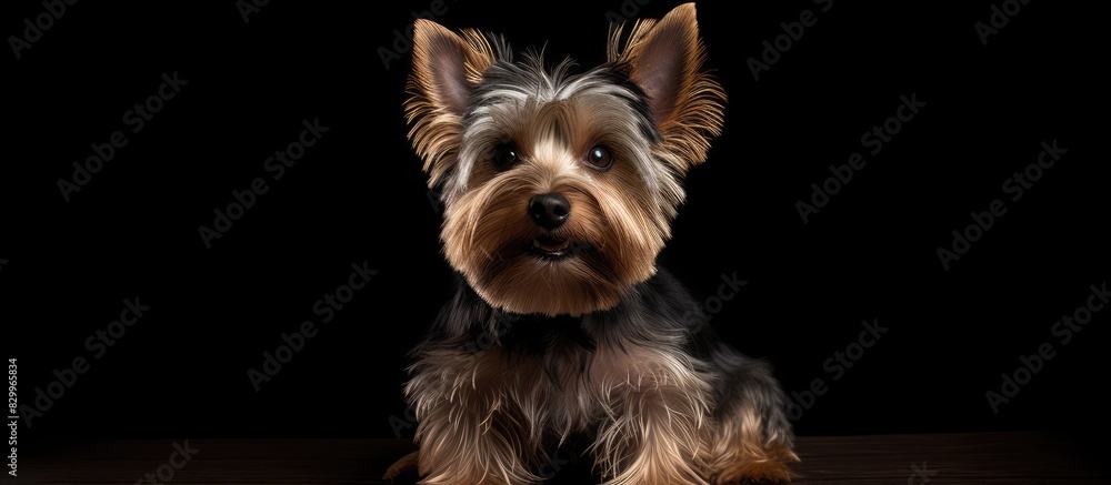 A cute Yorkshire terrier dog posing for a portrait on a black background with ample space for copy or text A cute Yorkshire terrier dog posing for a portrait on a black background with ample space for copy or text