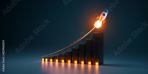 3D Rocket Rising to Success: Rocket Launch from a Black Bar Chart With Orange Lights on a Dark Blue Background. Copy Space. photo