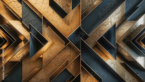 Digital Art of a 3D Geometric Illusion Frame: Abstract Shapes in Gold and Blue metal.