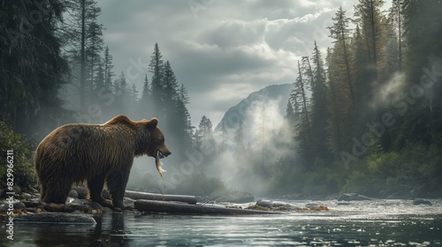 Majestic Grizzly Bear Fishing by a Misty River in a Serene Forest Landscape During Sunrise photo