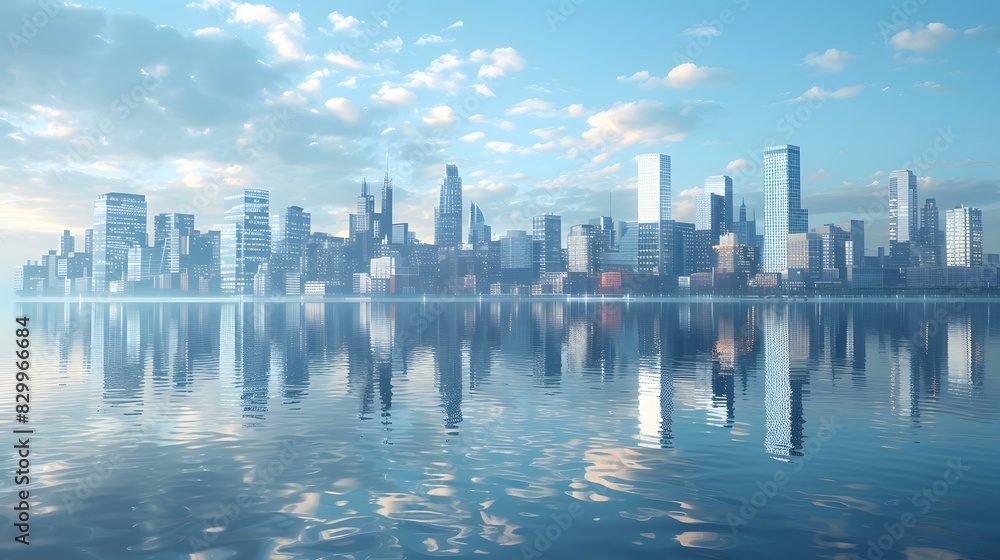 Fototapeta premium Cityscape with skyscrapers and a river in the foreground