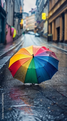 Colorful Rainbow Umbrella in Urban Setting - A Photorealistic Composition with Copy Space for Text on the Left Side of the Image © kittipoj