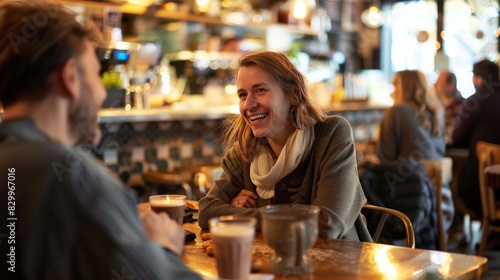 A deaf individual communicates through sign language amidst the lively atmosphere of a bustling cafe