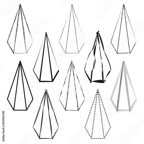 Geometric pyramid shapes. Abstract line art. Black and white. Vector illustration.