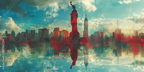 Statue of Liberty and New York city. Double exposure, contemporary art