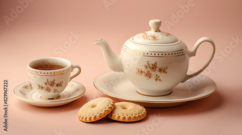 Classic British tea set with biscuits, isolated on a gradient background 