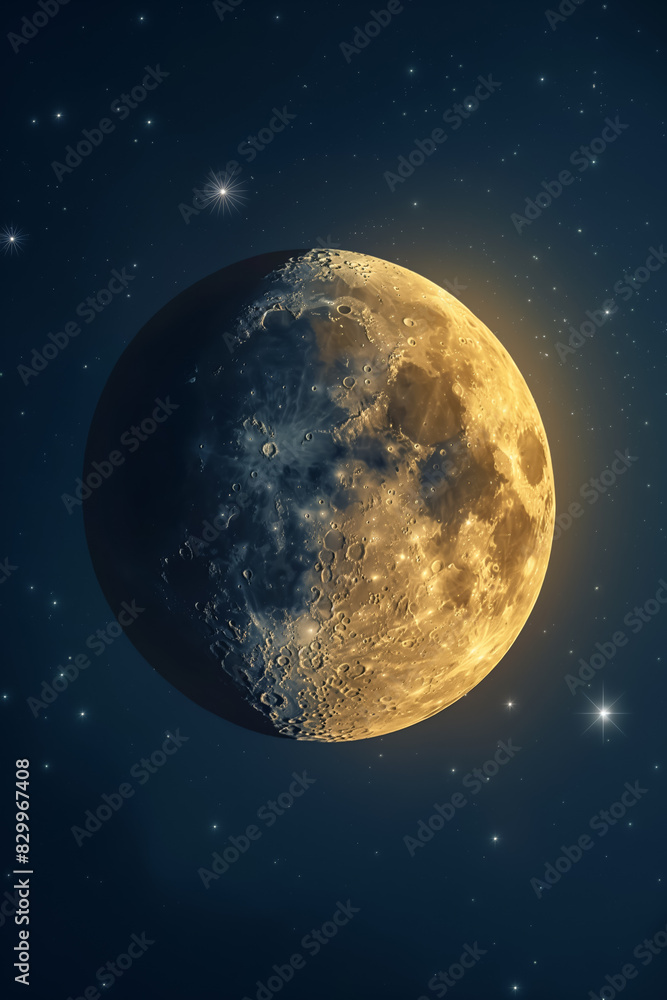 Obraz premium Crescent moon nestled among stars, isolated on a dark blue gradient background 