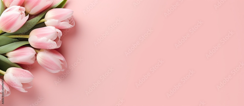 A pink tulip bouquet rests on a pastel background symbolizing occasions like Mother s Day Valentine s Day and birthdays It evokes a greeting card vibe with ample empty space for text as seen from a to A pink tulip bouquet rests on a pastel background symbolizing occasions like Mother s Day Valentine s Day and birthdays It evokes a greeting card vibe with ample empty space for text as seen from a to