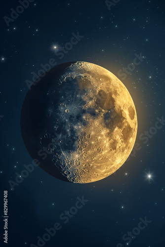 Crescent moon nestled among stars, isolated on a dark blue gradient background 