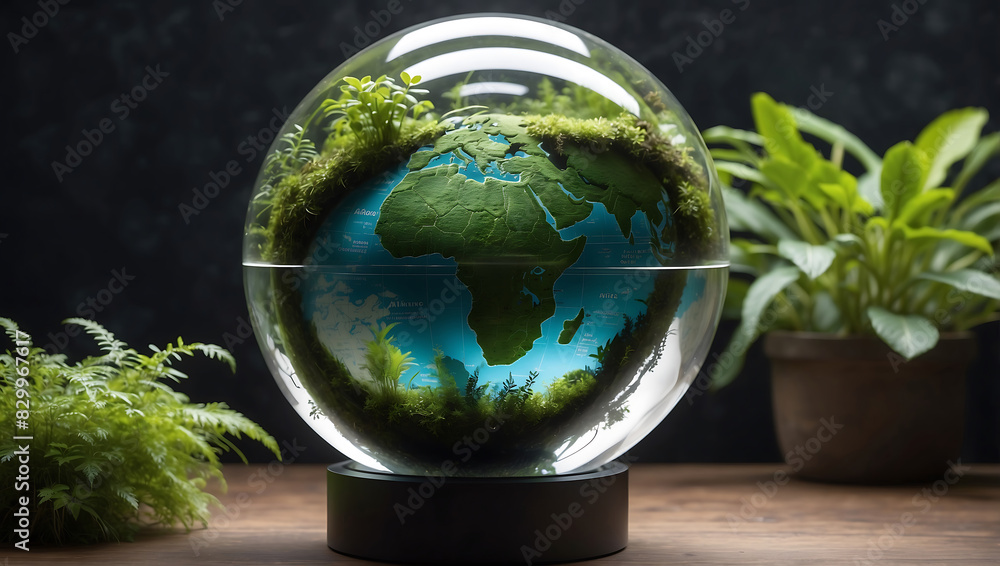 

World environment day, Surrounding the globe are small plants and leaves extending outward, symbolizing nature and environmental growth against a dark blurred background